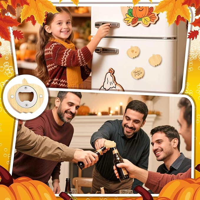 Vesici 12 Pcs Bamboo Pumpkin Shape Magnetic Bottle Opener 2.5in DIY Bamboo Beer Openers Wooden Fridge Magnet Refrigerator Sticker Gift for Thanksgiving Christmas Beer Lover Wedding Guest Kitchens Bars