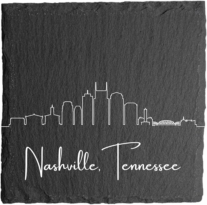 Blue Ridge Mountain Gifts - Nashville TN Skyline Coasters, Set of 4 - Nashville Tennessee Souvenir, Slate Coasters with Minimalist Skyline, Housewarming Gift for Friends, Family, & Neighbors