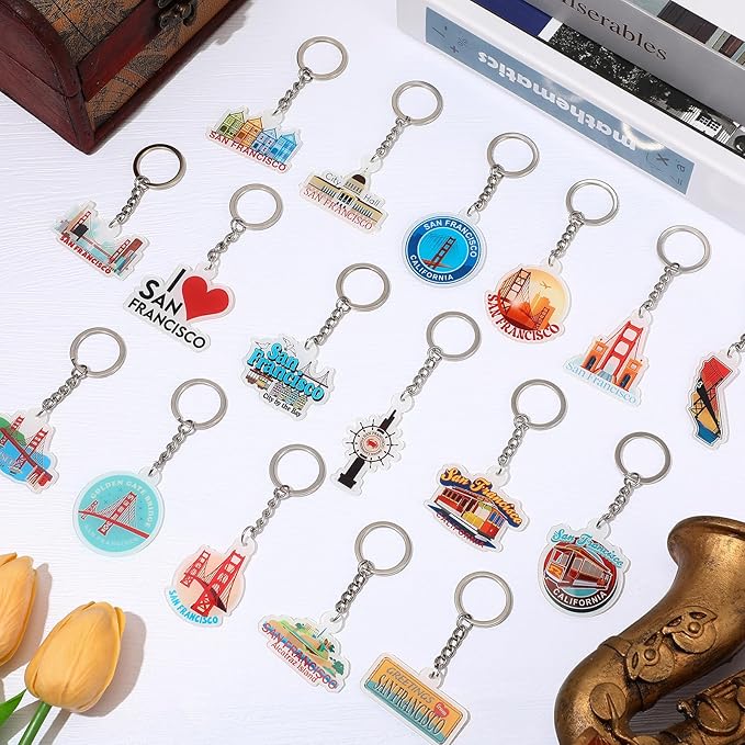 Landical 18/54Pcs Acrylic US Keychain Bulk USA City States Key Ring Florida California Chicago San Francisco Gift Souvenir