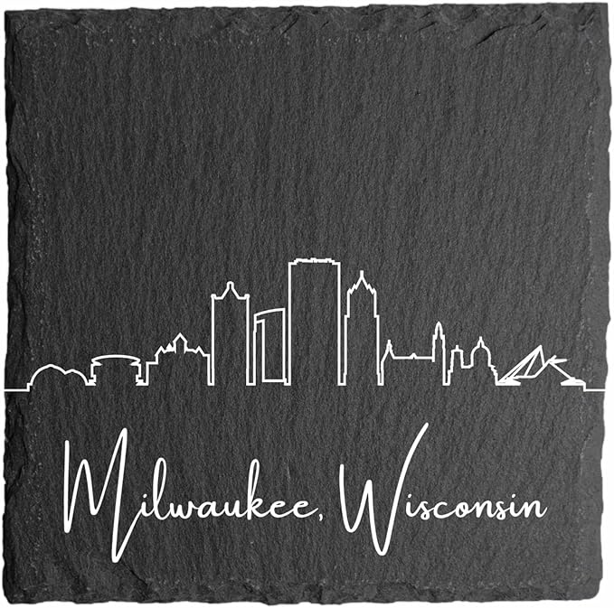 Blue Ridge Mountain Gifts - Milwaukee WI Skyline Coasters, Set of 4 - Milwaukee Wisconsin Souvenir, Slate Coasters with Minimalist Skyline, Housewarming Gift for Friends, Family, & Neighbors