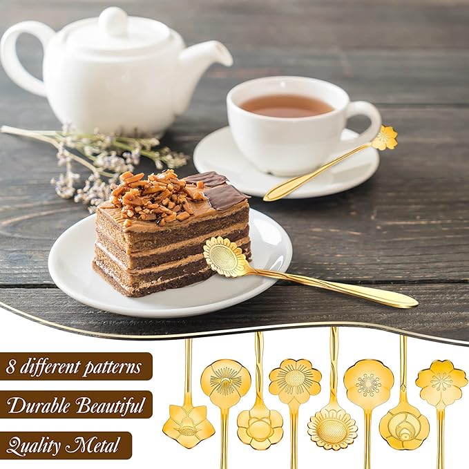 Eboot 160 Pcs Gold Flower Teaspoon Stainless Steel Tea Party Spoons Mini Cute Teaspoon for Stirring Coffee Sugar Drink Demitasse Kitchen Bar Tableware Party Favors Decorations