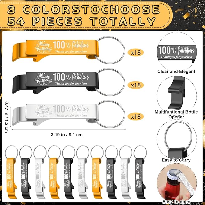 Dandat 54 Sets 100th Birthday Party Favors for Guests Birthday Beer Opener Keychain Cheers to 100 Bottle Opener Keychain with Thank You Cards and Gift Bags for Anniversary Wedding Party Favors