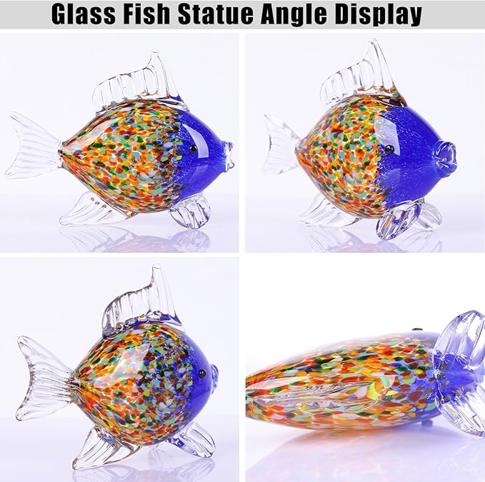 Colorful Blown Glass Fish Figurine – Blue Art Animal Sculpture for Ocean Coastal Home Decor, Handcrafted Glass Fish Ornament for Tabletop, Shelf, or Aquarium Theme Display (G)