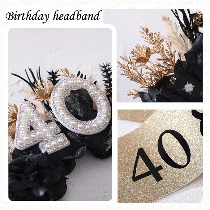 Flower Black Birthday Headband - Dark Happy Birthday Crown and Sash Set for Women Fabulous Party Accessories
