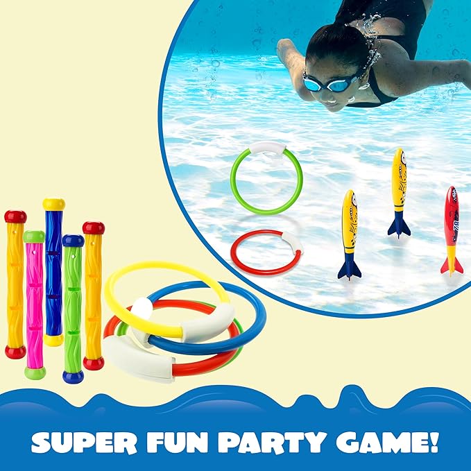 JOYIN 18Pcs Diving Pool Toys for Kids, Swimming Pool Toy with Storage Bag Includes 4 Pool Rings, 4 Diving Sticks, 4 Bandits, 6 Treasures Underwater Swim Pool Games for Ages 8-12