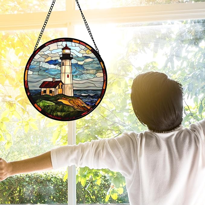 Stained Glass Window Hanging, Ocean Lighthouse Sun Catchers Glass Panel Blue Green Suncatcher Decor for Birthday for Women, Men, Wife, Aunt, and Mom 7.8 in