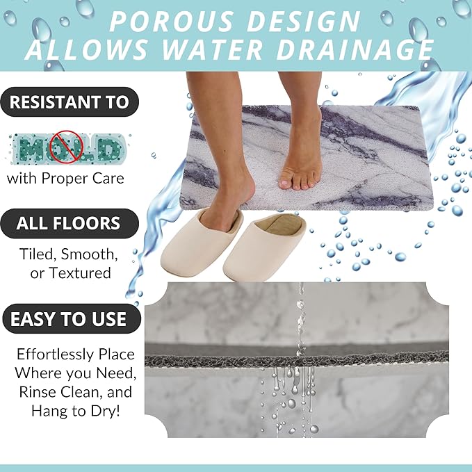 ENKOSI Loofah Non-Slip Shower and Bath Mat - Soft Cushioned Comfort - No Suction Cups for Smooth or Textured Tubs - Fast Draining - Safety for Bathroom, Family, and Elderly (24x16 Marble Grey Blue)