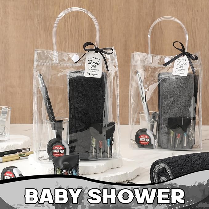 Leinuosen 6 Set Baby Shower Prizes for Men with Cleaning Cloth Bottle Opener Screwdriver Tape Measuring Keychain Multi Tool Pen Gift Bag Baby Shower Game Prizes for Winner(Black,Classic Style)
