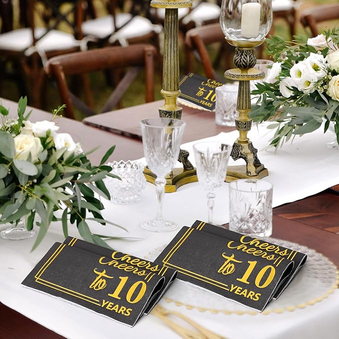 10th Birthday Cocktail Party Napkins-50PCS 13 * 13 inches Cheers to Years Disposable Paper Napkins for Birthday Wedding Anniversary Decorations Party Props Supplies Black and Gold (10th Napkins)