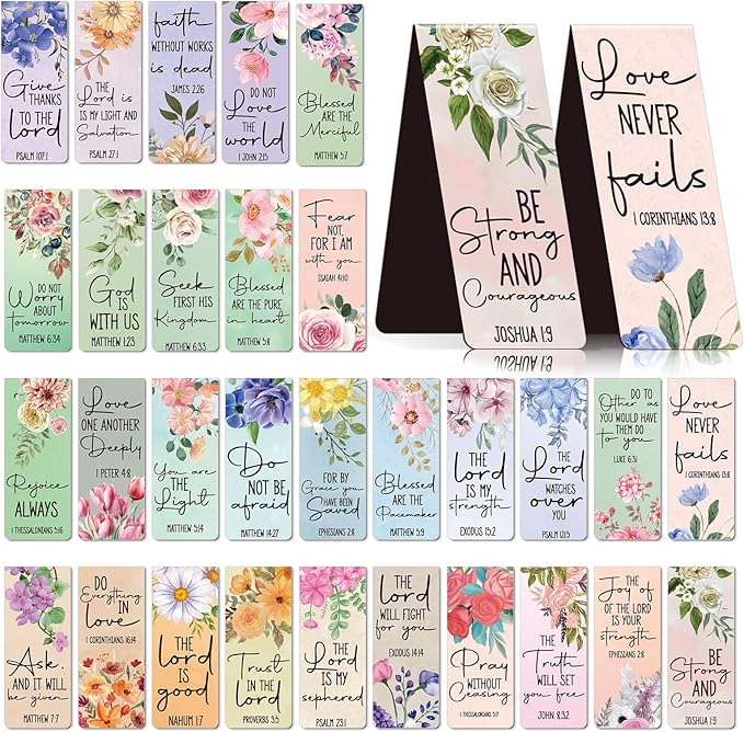 Bible Verses Magnetic Bookmark - 30Pcs Inspirational Floral Book Mark Magnets Christian Flower Bookmarks Magnetic Religious Faith Book Markers Page Clip for Women Students Teachers Reading Gift