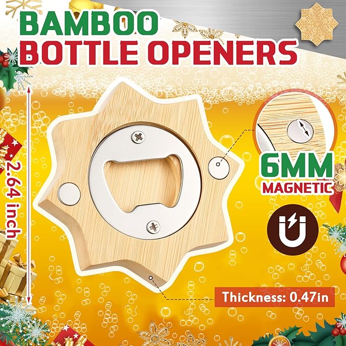 Vesici 12 Pcs Magnetic Bottle Opener 2.5in DIY Bamboo Snowflake Shape Beer Openers Wooden Fridge Magnet Refrigerator Sticker Gift for Beer Lover Wedding Guest Kitchens Bars Parties
