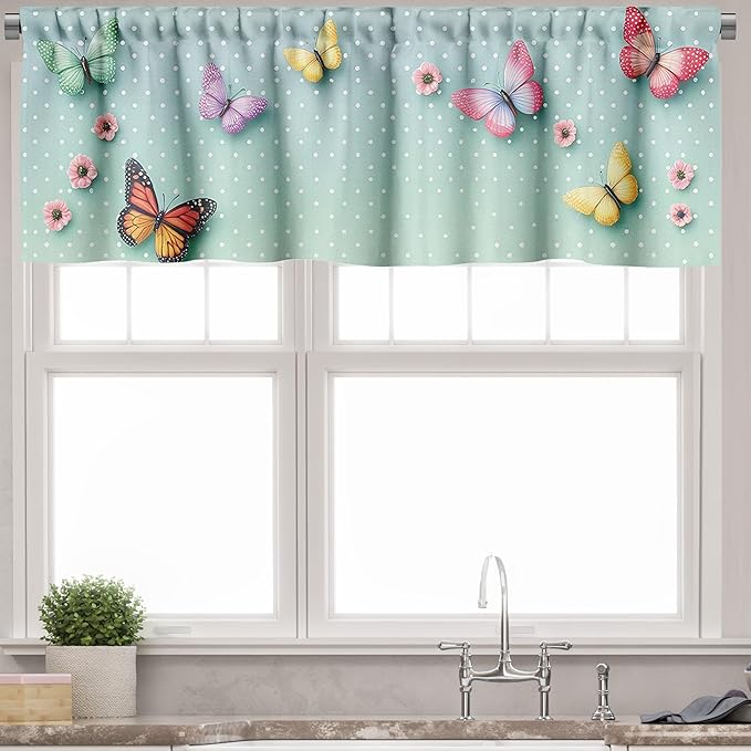 Ambesonne Butterfly Window Valance, Polka Dot Backdrop with Wings of Spring and Blushy Sakura Flowers, Curtain Valance for Kitchen Bedroom Decor with Rod Pocket, 54" X 12", Mint Green and Multicolor