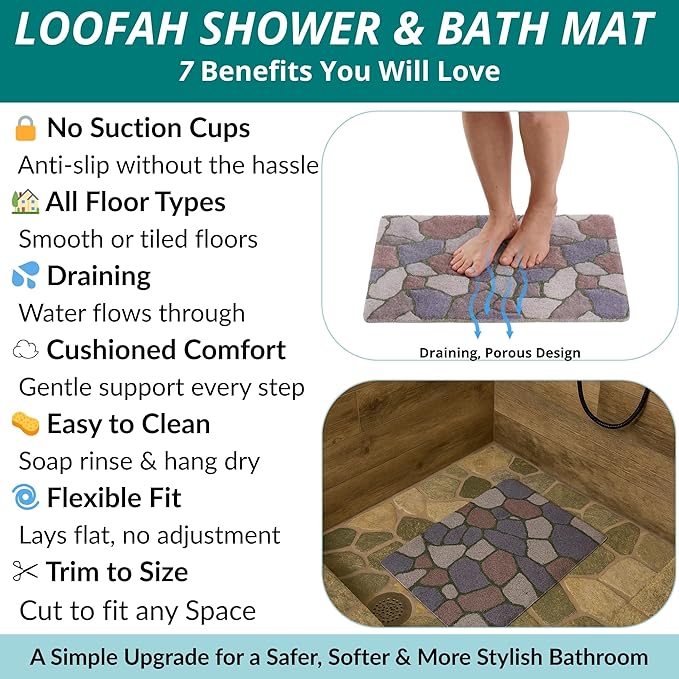 ENKOSI Loofah Non-Slip Shower and Bath Mat - Soft Cushioned Comfort - No Suction Cups for Smooth or Textured Tubs - Fast Draining - Safety for Bathroom, Family, Kids, and Elderly (24x16 Stone Path)