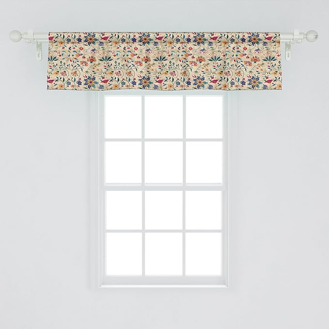 Ambesonne Oriental Floral Window Valance Pack of 2, Colorful Design Dreamy Floral Motifs with Mediterranean Details, Rod Pocket Curtain Valances for Kitchen Bedroom, 54" X 12", Blue Orange Multicolor