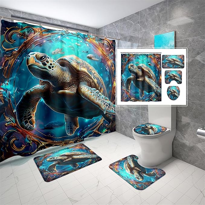 4 Pcs Sea Turtle Shower Curtain - Under The Sea Shower Curtain for Bathroom Ocean Bathroom Sets with Curtain and Rugs