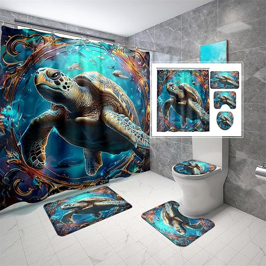 4 Pcs Sea Turtle Shower Curtain - Under The Sea Shower Curtain for Bathroom Ocean Bathroom Sets with Curtain and Rugs