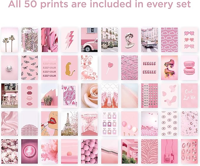 HAUS AND HUES Pink Aesthetic Wall Collage Kit - Set of 50 Pink Pictures for Cute Room Decor