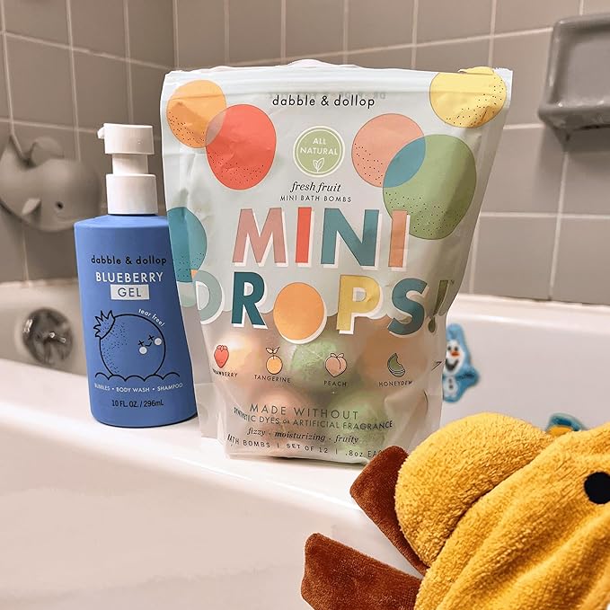 Dabble & Dollop Fresh Fruit Mini Bath Bombs & Blueberry Shampoo, Body Wash, Bubble Bath for Kids - All Natural Fruity Scents, Resealable Pouch, Vegan, Gluten-Free, Cruelty-Free (Pack of 2)