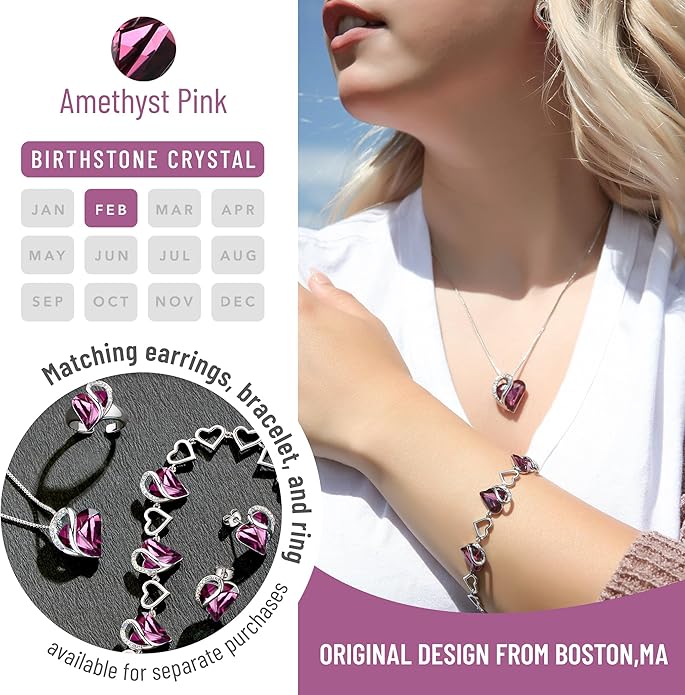 Leafael Valentine's Day Gift Necklaces for Women, Infinity Love Birthstone Heart Crystal Pendant, Birthday Anniversary Jewelry for Wife, Mom, and Her, Silver Plated, 18" + 2" Adjustable Chain