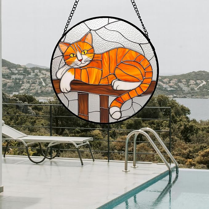 Stained Glass Window Hanging 4 Pcs Set Cute Cat 9.8" - Suncatcher Door Garden Sun Catcher Decor Birthday Mother's Day Christmas Comfort Gifts for Lost Pet Woman Nana Mom Men Friend