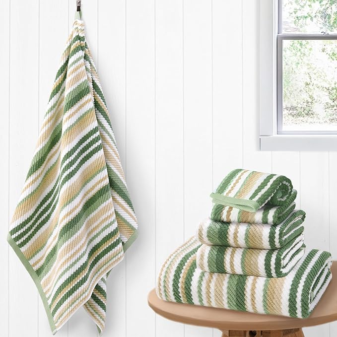 Green Striped Towels - 100% Cotton, Quick Dry, Soft & Absorbent, 6PC Luxury Towels Set (2 Bath 28"x52", 2 Hand 16"x27", 2 Wash Cloth 13"x13"), Stripe Shower Towel with Hanging Loop, Sage and Beige