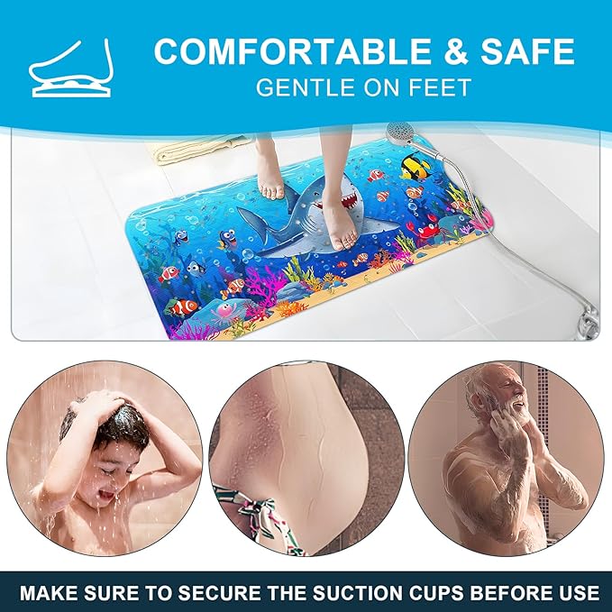 XIYUNTE Baby Bath Mat for Tub Non Slip Kids Bath Mat - 40''x16'' Extra Long Cartoon Shark Baby Bath Tub Mat Eco-Friendly Toddler Bath Mats with Suction Cups & Drain Holes, Easy to Clean & Easy Drying