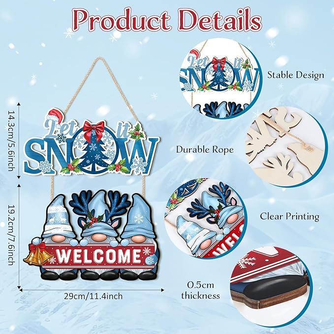 CHDITB Let it Snow Wooden Sign, Winter Welcome Wood Hanging Plaque, Dwarfs Front Door Sign for, Snowflake Wall Art Sign Hanger, Dwarf Seasonal Wall Decor for Outdoor Porch Yard Home Decor