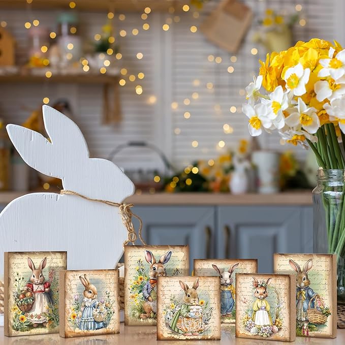Wenqik 8 Pcs Vintage Easter Decorations Retro Bunny Egg Wooden Sign Easter Table Centerpiece Rustic Ornaments Tiered Tray Decor Sign for Spring Home Tabletop Fireplace Decorations Supplies, 8 Styles