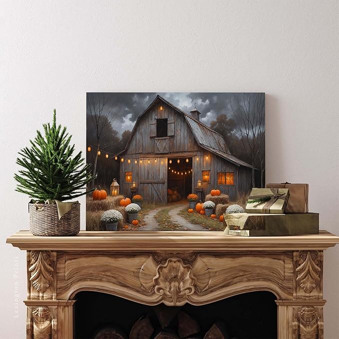 Vintage pumpkin hydrangea barn print abstract nature country artwork home decor farmhouse canvas poster28x40in(70x100cm)- Unframed