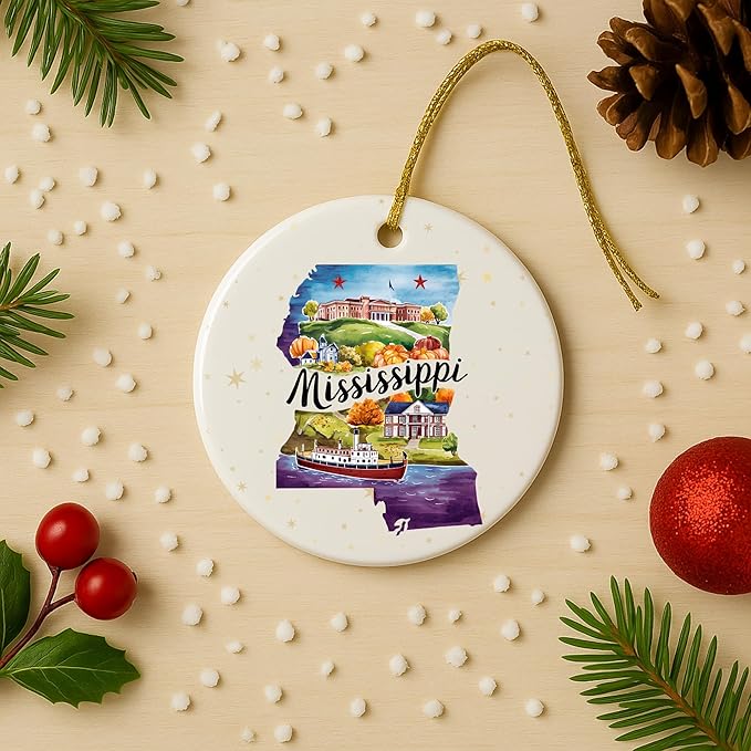USA State Landmark Ceramic Ornament – Round Glossy Christmas Decoration Featuring U.S. State Art, Landmarks & Holiday Scenery – Collectible Travel Souvenir Ornament Series (Mississippi)