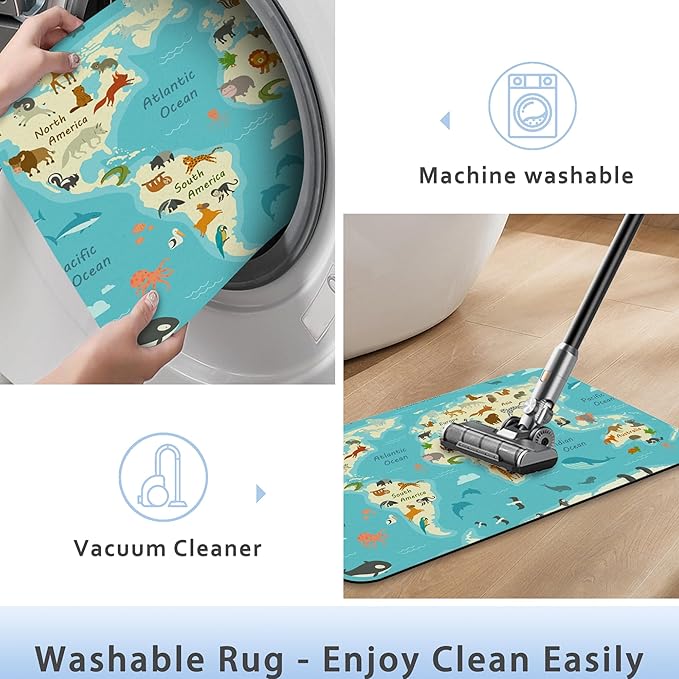 World Map with Animals AST Drying Absorbent Bathroom Mat, Non-Slip Rubber Backing Thin Low-Profile Bath Rug, Easy-Clean Bathroom Floor Mat for Shower, Bathtub, Kitchen, or Entryway