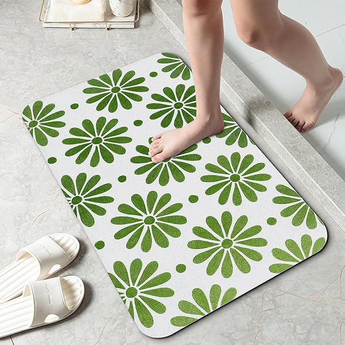 Bathroom Rug 29.5"x17",Green Flowers Bath Mat with Non-Slip Rubber Backing, Quick-Drying Absorbent Thin Floor Mat for Bathroom, Shower, Sink, or Kitchen