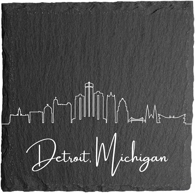 Blue Ridge Mountain Gifts - Detroit MI Skyline Coasters, Set of 4 - Detroit Michigan Souvenir, Slate Coasters with Minimalist Skyline, Housewarming Gift for Friends, Family, & Neighbors