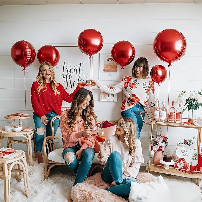 12PCS Red Round Foil Balloons, 22" 15" 10" Large 4D Ball Balloons Metallic Red Mirror Balloon for Graduation Christmas Valentines Galentines Day Wedding Birthday Party Decorations