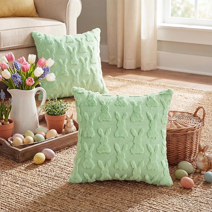 AVOIN colorlife Easter Rabbits Green Throw Pillow Covers, 16 x 16 Inch Bunny Soft Plush Faux Fur Jacquard Cushion Case Decoration for Sofa Couch Set of 2