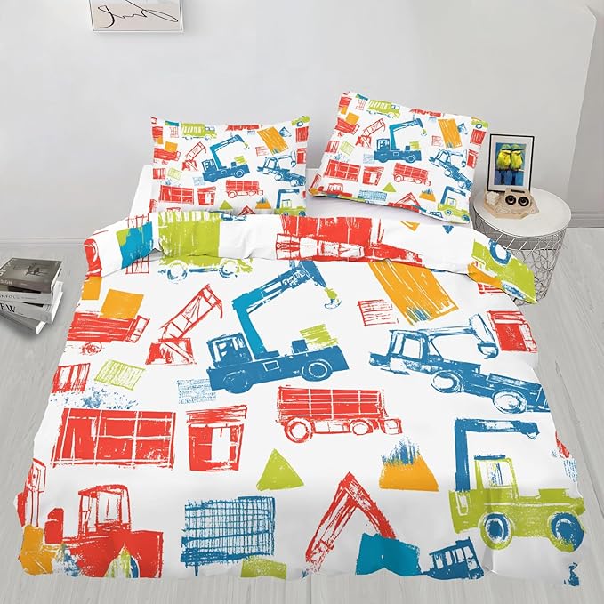 Crane Truck Duvet Cover California King Graffiti Construction Vehicles Bedding Set Machinery Truck Cars Comforter Set Kids Engineering-Themed Duvet Cover with Zipper Ties for Bedroom