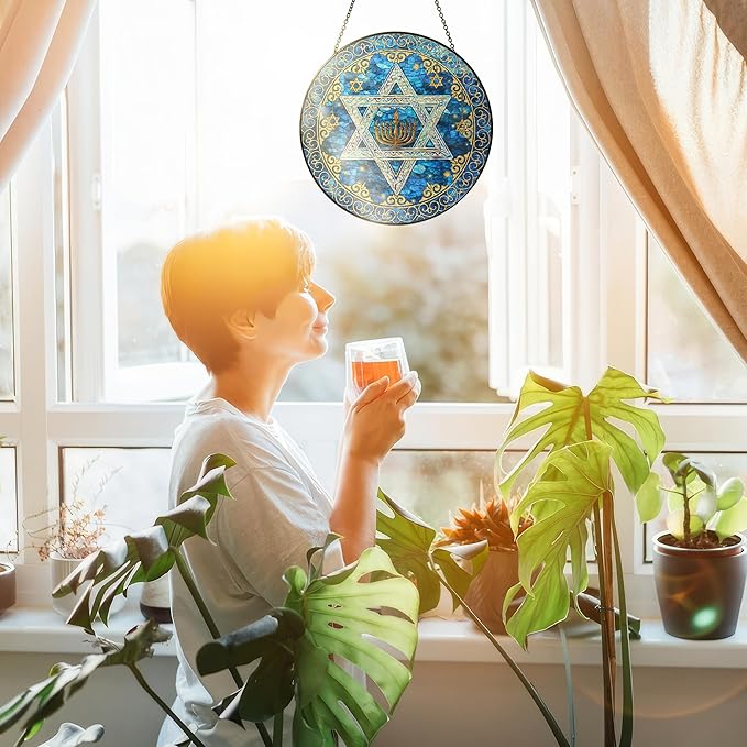 FLAGWIX Hanukkah Gifts for Women Men - Star of David Stained Glass Window Hanging 8 in - Hanukkah Sun Catcher Hanging Decor, Chanukah Suncatchers for Garden Decor, Religious Spiritual Gifts for Mom