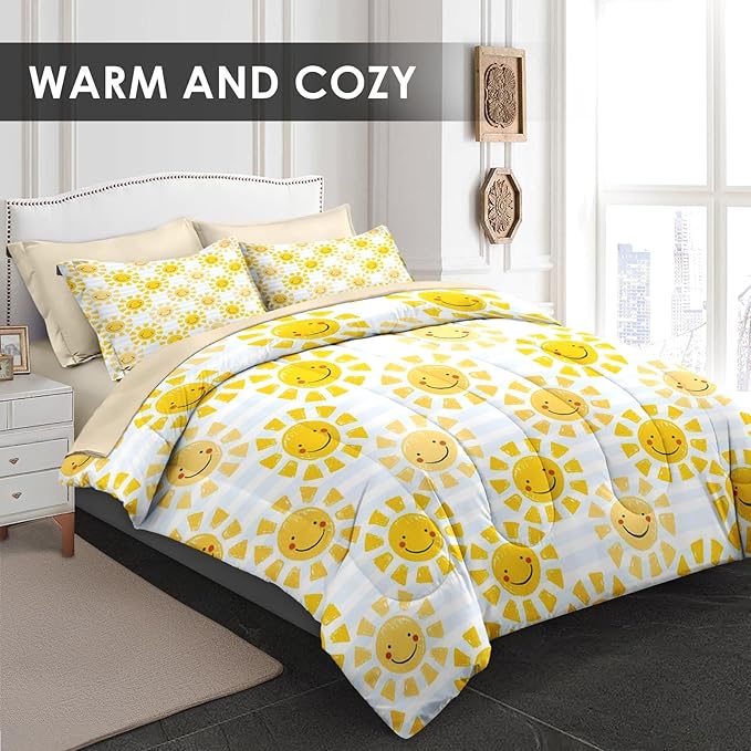 Comforter Set Queen Size, Cute Sunshine Sun 7 Pcs Bedding for Kids and Adults, Beach Summer Happy Bed Sheet Sets with Fitted Sheet 2 Pillowcases & 2 Shams for Bedroom Bed Decor