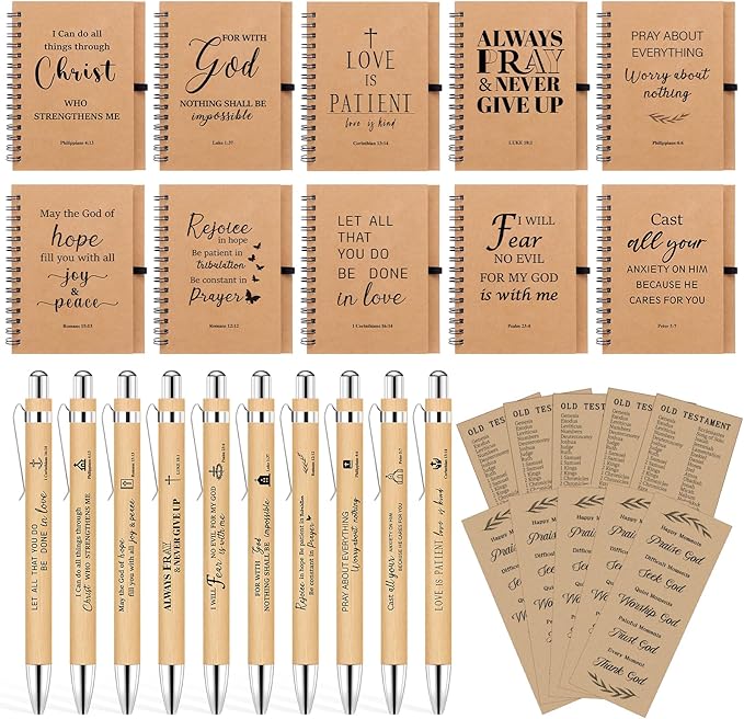 NEOACT Christian Gifts Bulk,30 Pcs/10 Set Inspirational Spiral Notebook with Bible Ballpoint Pen and Christian Bookmark,Prayer Journal Christmas Gifts for Teachers Staffs Colleagues Pastor Church Members & Families