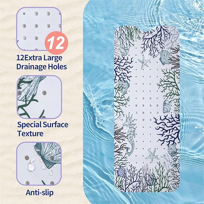 Seahorse Bathtub Mat Non Slip for Kids 40x16in Extra Long Anti Slip Bath Mat for Tub Abstract Bath Shower Mat with Large Drain Holes and Suction Cups Quality Honeycomb Design Bathroom Decor