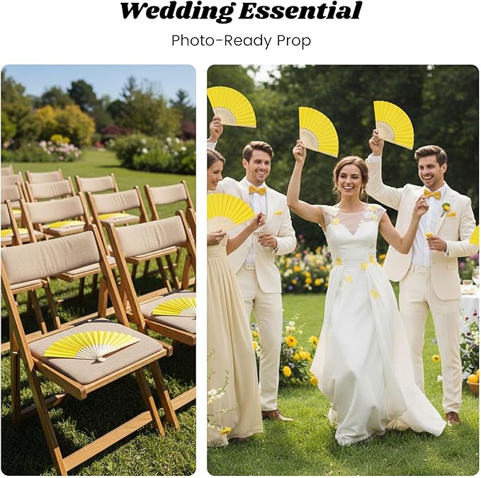 JOHOUSE 12 Pcs Paper Folding Hand Fans, 8.3 Inch Lemon Yellow Paper Fans Handheld Portable Decorative Accessories for Wedding, Lemon Party Decorations, Bridal Shower DIY Crafts