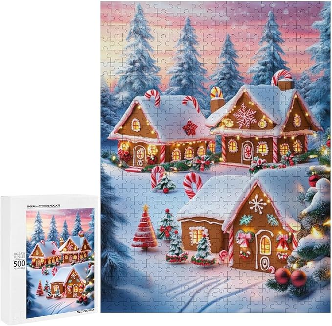 Wooden Puzzle - Christmas Gingerbread House and Candy Jigsaw Puzzles，Wooden Puzzles for Adults 500 Pieces Challenge Puzzles，Educational Games，Family Puzzles，Unique Gifts for Wall Art