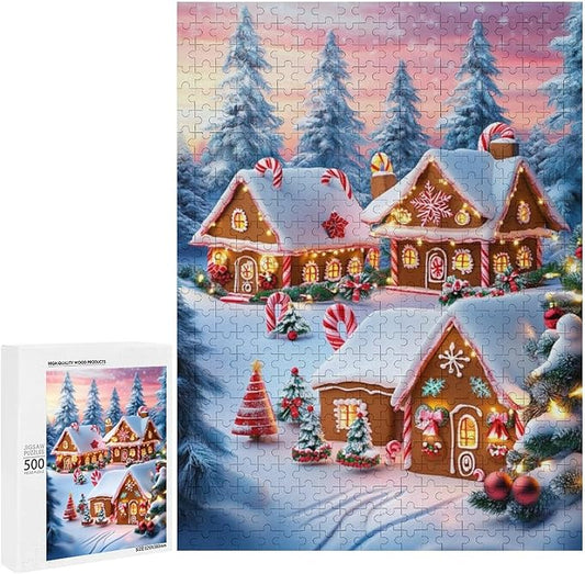Wooden Puzzle - Christmas Gingerbread House and Candy Jigsaw Puzzles，Wooden Puzzles for Adults 500 Pieces Challenge Puzzles，Educational Games，Family Puzzles，Unique Gifts for Wall Art