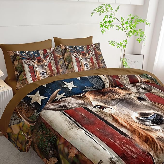 7Pcs Comforter Set American Flag Deer Printed Bedding Set with 1 Comforter, 1 Flat Sheet, 1 Fitted Sheet and 4 Pillowcases for Boys and Girls Bedroom All Season(Deer Twin)