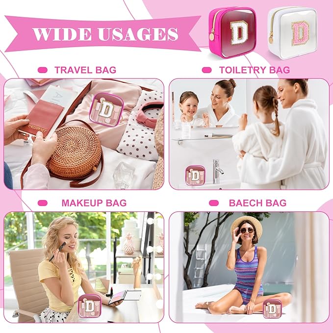 Personalized Initial Letter Clear Preppy Makeup Bag,Mini Nylon Chenille Letter Cosmetic Bag Cute Zipper Pouch Coin Purse for Teen Girls,Portable TSA Approved Travel Essentials Bag Gift for Women,D