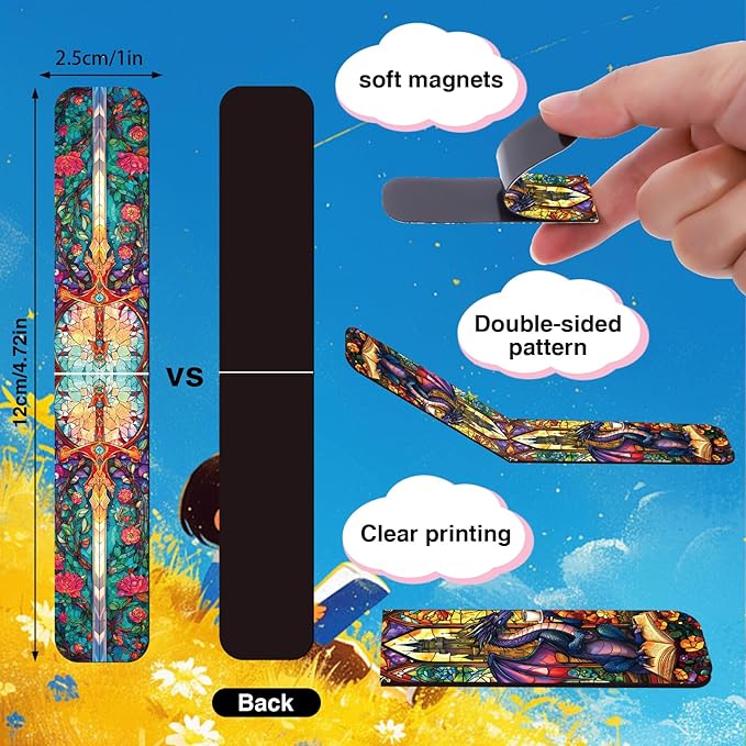 Dragon Sword Bookmark Magnetic Gifts - Wxiben 30 Pcs Stained Glass Window Dragon Bookmarks Magnets Fantastic Book Marks Page Marker Clip Gift for Women Men Students Teacher Reading Bookish