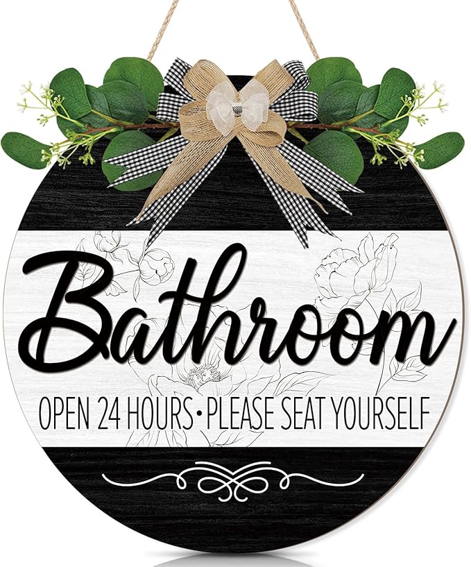 CHDITB Bathroom Wall Decor, Funny Bathroom Wooden Wreath Sign, Rustic Round Humorous Wood Hanging Plaque, Open 24 Hours Please Seat Yourself Door Signs, Modern Farmhouse Hanger for Restroom Toilet