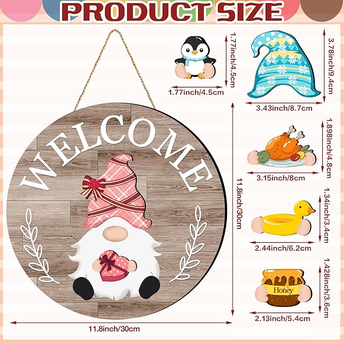 Seasonal Gnome Wall Decor Set, 11.8 inch Autumn Wooden Round Sign with Interchangeable Holiday Hats, Welcome Door Hanging (Grey-3)