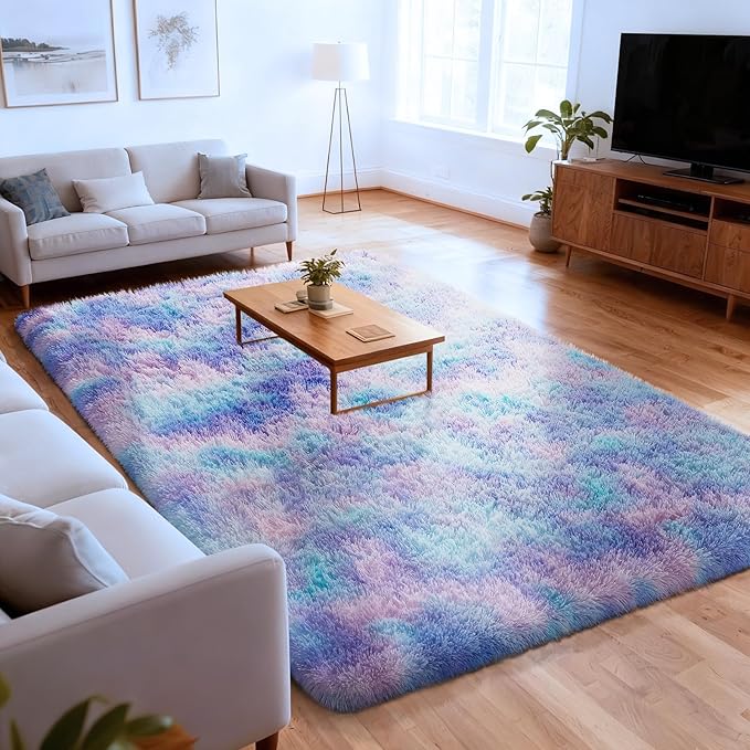 Ophanie Rainbow Purple Mermaid Rugs for Living Room 6x9, Kids Fluffy Shag Fuzzy Plush Soft Carpets, Floor Shaggy Area Rugs for Bedroom, Carpet for Kids Girls Dorm Nursery Home Decor Aesthetic