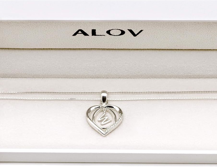 ALOV Jewelry Sterling Silver Initial Letter Alphabet Love Heart Cubic Zirconia Pendant Necklace